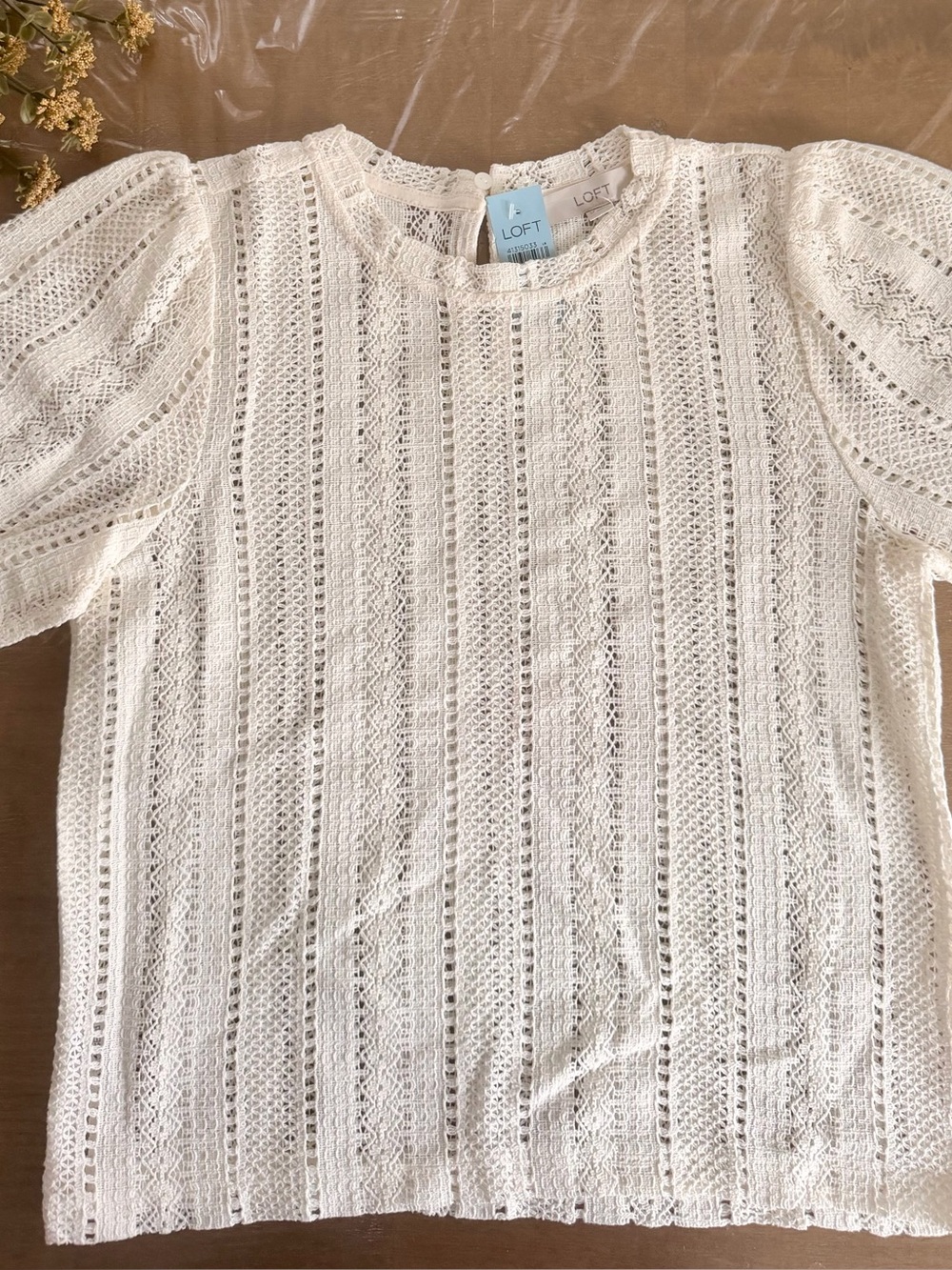 LOFT Cream Openwork Crochet Puff-Sleeve Top